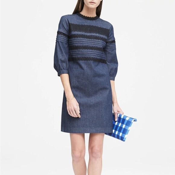 Banana Republic Dress Women’s 10 Blue Denim & Pintuck Black Lace Puff Sleeve - Picture 1 of 11